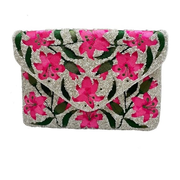 Pink Silver Flowers Beaded Clutch - Picture 1 of 5